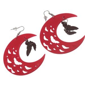 Crescent Blood Moon with Flying Bats Earrings Halloween goth Gothic new